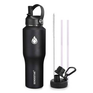 lot 1608 image: SENDESTAR Water Bottle 32oz,Wide Mouth Stainless Steel Vacuum Insulated Double Wall Keep Liquids Cold or Hot All Day,Sweat Proof Sport Design,Fit Car Cup Holder,2 Lids(Straw and Spout lid)(Black)