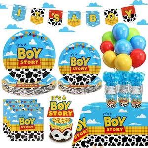 lot 1614 image: Boy Story Baby Shower Decorations, 25 Guests Includes Cardstock Plates Tableware  Tablecloth  Banner  Balloons  Cake Topper for Its a Boy Story Baby Shower Themed Party Decorations