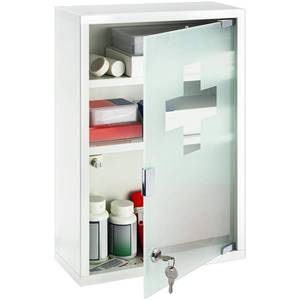 lot 1619 image: Timgle First Aid Wall Cabinet with Lock Medicine Wall Mounted Bathroom Storage Hanging Medical Cabinet with Safety Glass Door for Bathroom (3 Shelves,White)