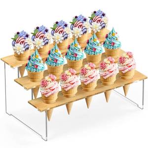 lot 1623 image: DEMEGA Ice Cream Cone Holder, 3-Tier Acrylic Ice Cream Stand, Waffle Cone Displaying Stand for Kids Party, Birthday, Wedding
