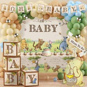 lot 1636 image: Classic Winnie Bear Baby Shower Decorations, Neutral All-In-One Pooh Baby Shower Balloon Arch Baby Boxes Backdrop Banner Tablecloth Cake Cupcake Topper Bee Stickers Mom To Be Sash Kit for Boys Girls
