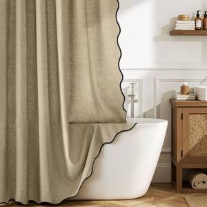 lot 1646 image: MIULEE 84 Long Scalloped Linen Shower Curtain with 12 Metal Hooks Cute Extra Long Boho Heavy Duty Washable Waterproof Thick Cloth Curtains with Black Border for Bathroom Hotel Bathtub,Khaki