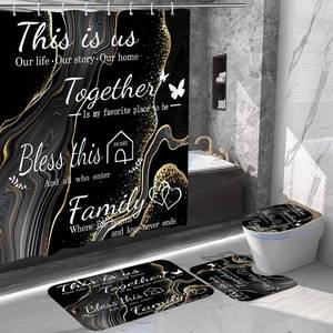 lot 1649 image: juwute 4Pcs Family Marble Shower Curtain Sets with Rugs,Black Home Inspirational Bathroom Decor Set, Bathroom Sets with Shower Curtain and Rugs, Waterproof Bathroom Shower Curtains, with 12 Hooks