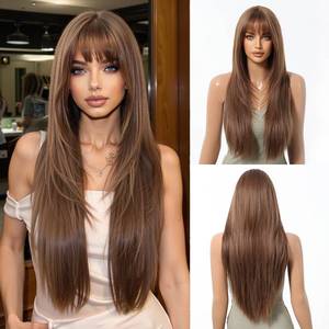lot 1651 image: Luxclipse Long Straight Brown Wigs Human Hair with Bangs Real Hair Wig for Women Glueless and Layered for Everyday Natural Look (Brown,28 Inch) Retail$169