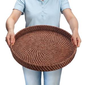 lot 1658 image: 16.9 inch Rattan Tray, Round Wicker Tray with Cut-Out Handles, Woven Serving Tray for DiningCoffee Table