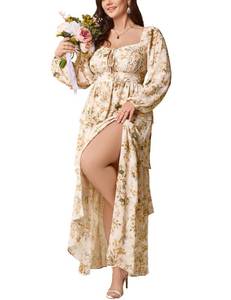 lot 1664 image: EYWOL Spring Dresses for Women Plus Size Floral Anthropologie Dresses for Women - Long Sleeve Summer Wedding Guest Dress - Baby Shower Dress Brown Floral Large