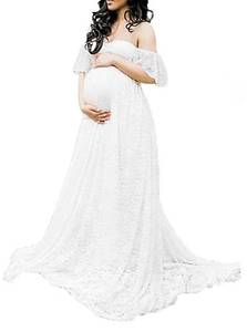 lot 1674 image: Maternity Photography Props Floral Lace Dress Fancy Pregnancy Gown for Baby Shower Photo Shoot (L, White)