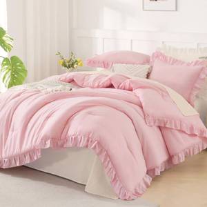 lot 1682 image: Andency Pink Ruffle Comforter Set Twin, 2 Pieces Kids Comforter (66x90Inch), Lightweight Soft Girls Shabby Chic Bedding, All Season Bed Set