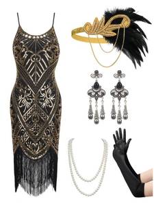 lot 1684 image: YESSA 1920s Flapper Dresses For Women,Sequin Fringe Great Gatsby Dresses For Women Roaring 20s Costumes for Harlem NightsPromClubWedding-1920s Costumes,Black Gold,Small