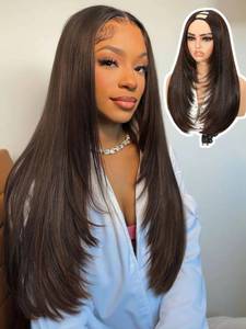 lot 1691 image: Brown Highlight U Part Wig for Black Women Layered Yaki Straight V Part Wig Synthetic Half Wigs Glueless Realistic Pull and Go Beginner Friendly for Daily Party Use((24inch,Highlight Brown )