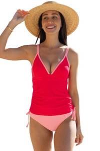 lot 1703 image: Beachsissi Womens Fashion Color Block Bathing Suit Drawstring Tankini Set, Red, M