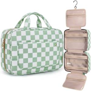 lot 1704 image: BAGSMART Toiletry Bag Travel Bag with Hanging Hook, Water-resistant Makeup Cosmetic Bag Travel Organizer for Accessories, Shampoo, Full-size Container, Toiletries (Green Checkerboard, Large)
