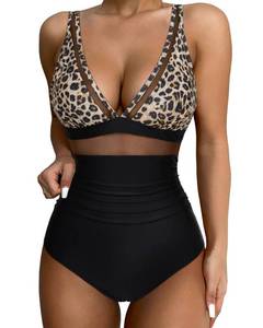 lot 9544 image: SUUKSESS Women Slimming Tummy Control One Piece Swimsuits Sexy Mesh High Waisted Monokini Bathing Suits (Leopard, XXL)