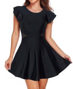 lot 9545 image: Smismivo One Piece Swim Dress Modest Swimsuits for Women Tummy Control Bathing Suit Skirt High Neck Swimdress with Built in Bra Ruffle Sleeve Swimwear Black XL