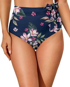 lot 9546 image: Zmart High Waisted Bikini Bottoms - Womens Full Coverage Bathing Suit Tummy Control Swimsuit with Tie Side Knot Bottom Blue Floral XL