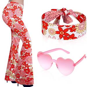 lot 9547 image: Tisancy 3 Pcs 60s 70s Outfit for Women Hippie Costume Set Disco Flared Pants Groovy Outfit Party Accessories(L Size, Flower)