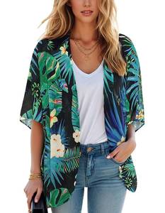 lot 9550 image: Womens Kimono Cardigans Beach Cover ups Swimwear Puff Sleeve Loose Casual Floral Print Summer Tops,(Black Green Tropical,XL)