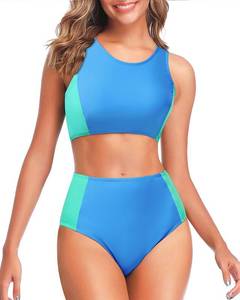 lot 9553 image: Tempt Me Women Two Piece Blue and Green High Waisted Bikini Set Sporty Swimsuits Bathing Suit with Bottom for Teen Girls XL