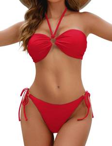 lot 9554 image: Zojuyozio Women Two Piece String Bikini Swimsuit Halter Tie Side Bathing Suits Cheeky Thong Bikini Set Red S