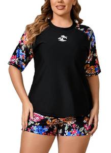 lot 9555 image: JOYBIK Womens Plus Size Short Sleeve Rash Guard with Built in Bra UPF50 Swim Shirt and Shorts Two Piece Swimsuit Black Floral 3X