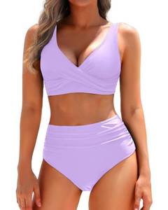 lot 9560 image: Yonique Womens Two Piece High Waisted Bikini Set Tummy Control Swimsuit Full Coverage Bathing Suit Light Purple M