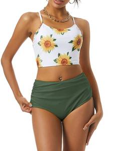 lot 9561 image: ZAFUL Womens Crisscross Ruched High Waisted Bikini Set Two Piece Floral Print Swimsuit Lace Up Padded Tankini Green XL