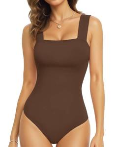 lot 9563 image: MANGOPOP Tank Top Bodysuit for Women Square Neck Sleeveless Backless Body Suits Going Out Tops Coffee Medium