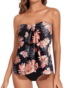 lot 9564 image: Tempt Me Floral Black Two Piece Tankini Bathing Suits for Women Halter Bandeau Swim Top with Bottom Flyaway Tummy Control Swimsuit L