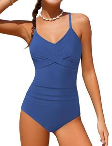 lot 9565 image: Dearnow Teen Swimsuits for Girls 12-14 One Piece Control Front Cross Ruched Tie Back Blue Solid Color Adjustable Straps Bathing Suit Swimwear with Drawstring Cover Up