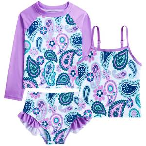 lot 9574 image: Funnycokid Girls Swimsuit Size 8 Rash Guard 3 Pieces Kids Boho Floral 7 8 Ruffle Swimwear Long Sleeve Tankini Swimming Purple Summer Beach Suit