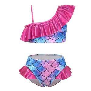 lot 9577 image: CHILDRENSTAR Girls Bikini Set Metallic Ruffle Blue Mermaid Bathing Suits Kids One Shoulder Swimwear,Size 10 11