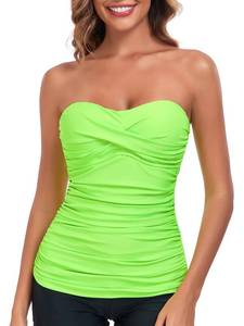 lot 9578 image: RELLECIGA Womens Neon Green Ruched Bandeau Tankini Top Swimsuits Size Large