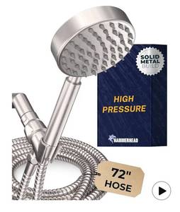lot 9627 image: Showers Solid Metal Handheld Shower Head with Hose and Brass Holder