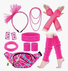 lot 9631 image: Hicarer 18 Pcs 80s Accessories for Women Girls Neon Retro Glow 1980s 90s Party Outfits New Year Costume Pink Fanny Pack Leg Warmer