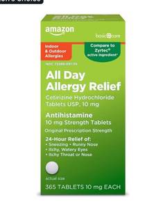 lot 9683 image: Amazon Basic Care All Day Allergy, Cetirizine Hydrochloride Tablets, 10 mg, 24-Hour Relief for Sneezing, Runny Nose, Itchy Eyes & Throat, Indoor & Outdoor Allergy Relief, 365 Count