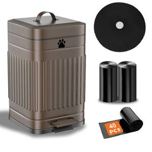lot 9734 image: Kopuncare Dog Poop Trash Can Outside, 5L1.3Gal Metal Dog Waste Trash Can with Lid, Foot Pedal, Pet Waste Container with 40 Bags, Poop Bucket with Lid Soft Close for Pet, Brown