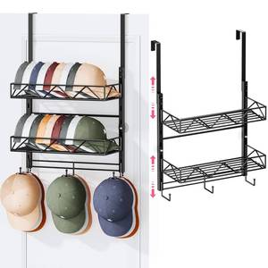 lot 9743 image: SWTYMIKI Over Door Hat Organizer - 3 Tier Wall Mounted Hat Rack with 2 Adjustable Metal Basket and 3 Hooks, Hanging Baseball Cap Organizer Storage Holds up to 29 Caps for Door, Bedroom, Closet