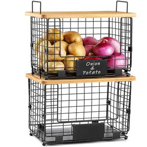lot 9760 image: 2 Set XL Stackable Wire Basket with Bamboo Tops & Tags- Pantry Organizer and Storage Bins, Kitchen Counter Cabinet Shelf Countertop Under Sink Organizing, Food Snack Produce Onion Potato Bread Storage