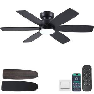 lot 9762 image: Kviflon 46 Inch Modern Ceiling Fans with Lights RemoteAPP Control, Low Profile Ceiling Fan with Light, Flush Mount, 3CCT, 6 Reversible Blades, 6 Speeds, Double Sided for Bedroom Living Room, Black