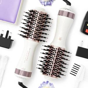 lot 9777 image: Travel Dual Voltage Hair Dryer Brush 4-IN-1 Portable Mini Hot Air Blow Dryer Straightener & Curler Brush, Titanium Round Blowout Styler Volumizer Tools, 110240V USEUUK Plug for International Travel