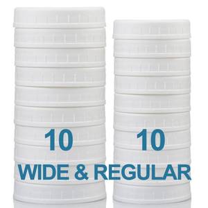 lot 9781 image: AOZITA 10 WIDE Mouth & 10 REGULAR Mouth Mason Jar Lids - 20 Pack Food Grade Plastic Mason Jar Caps for Ball, Kerr and More Canning Jars - Leakproof & Dishwasher Safe - White