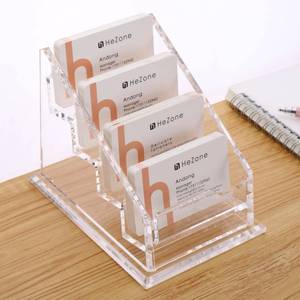 lot 9787 image: Business Card Holder for Desk Clear Acrylic Business Cards Stand Organizer Business Card holder 4 Slots 4 Tier Tilt Angle Business Card Display Rack-1 Pack