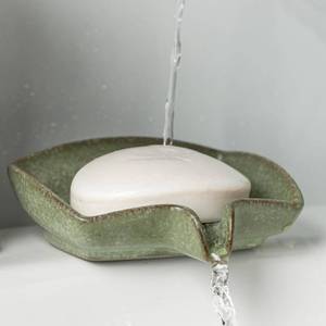 lot 9790 image: Self Draining Soap Dish, Ceramic Drain Soap Holder Waterfall Design Soap Saver for Shower, Bathroom, Sink, Kitchen and Countertop, Keeps Dry, Green