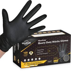 lot 9791 image: TitanFlex Heavy Duty Black Industrial Nitrile Gloves, 8-mil, Large, Box of 100, Latex Free, Raised Diamond Texture, Powder Free, Food Safe, Rubber Gloves, Mechanic Gloves