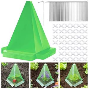 lot 9799 image: 40 Pack Cloches for Plants, 7.8 x 11 Plastic Small Plant Seedling Protector with 80pcs Metal Stakes, Reusable Bell Covers to Protect Plants from Birds, Slugs, Sun, Frost, Freeze Weathe (Green)