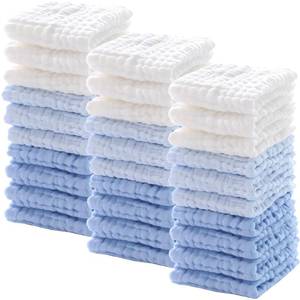 lot 9804 image: Chumia 30 Pcs Baby Muslin Washcloths Muslin Burp Cloths Baby Towel Natural Cotton Burp Cloths Wipes Soft Newborn Face Towel Absorbent for Face Bath Shower, 12 x 12 (Light Blue, White, Blue)