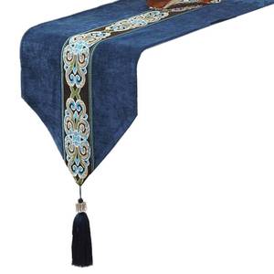 lot 9805 image: Classic Vintage Table Runner and Dresser Scarf with Tassels Middle Stripe Home Decor, 13 x 70 Inch, Blue