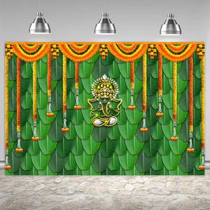 lot 9814 image: Wollmix Pooja Backdrop Decoration Cloth Items Indian Ganpati Puja Traditional Chatiya Ganesh Mehndi Photography Background Festival Wedding Party Marigold Garlands Photo Booth Props Banner 6x4ft