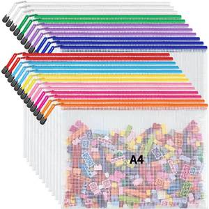 lot 9815 image: JARLINK A4 Letter Size 24 Pack 10 Colors Zipper Mesh Document Pouch, Mesh Bags for Board Games & Puzzles, Waterproof Document Zipper Pouches for Office School Supplies, Toys, Cosmetics Travel Storage