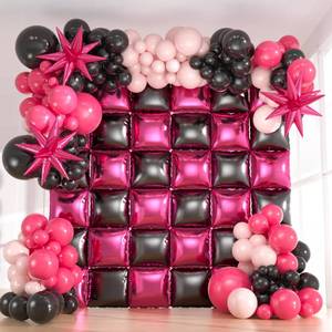 lot 9828 image: Black and Hot Pink Foil Balloons Wall Backdrop Kit, 36pcs Double-Sided Square Balloons & 188pcs Pastel Hot Pink and Black Balloons Arch for Birthday, Anniversary Party Decor